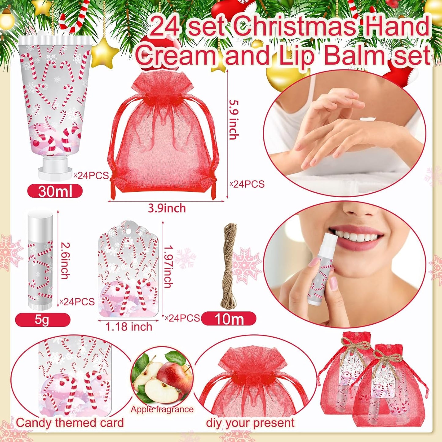 Christmas Candy Cane Hand Cream & Lip Balm Gift Set - Travel Size | Perfect for Weddings & Showers