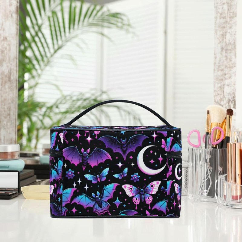 Makeup Organizer Bag - Neon Purple with Bats, Stars & Moons | Travel Cosmetic Case for Women & Teens