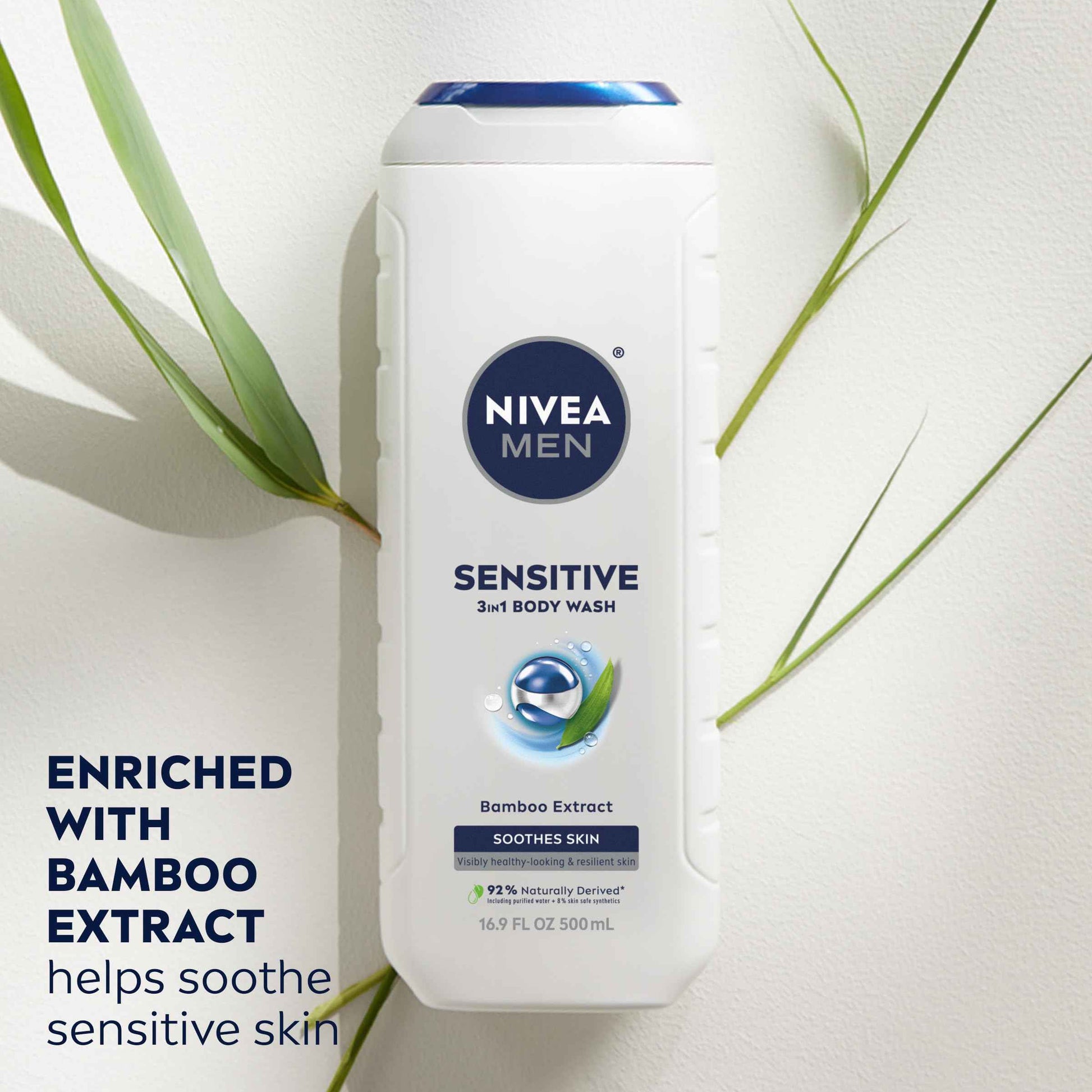 NIVEA MEN Sensitive Body Wash with Bamboo Extract, Moisturizing Body Wash for Sensitive Skin, Soap Free Shower Gel for Men with No Drying Alcohol, 16.9 Fl Oz Bottle, Pack of 3