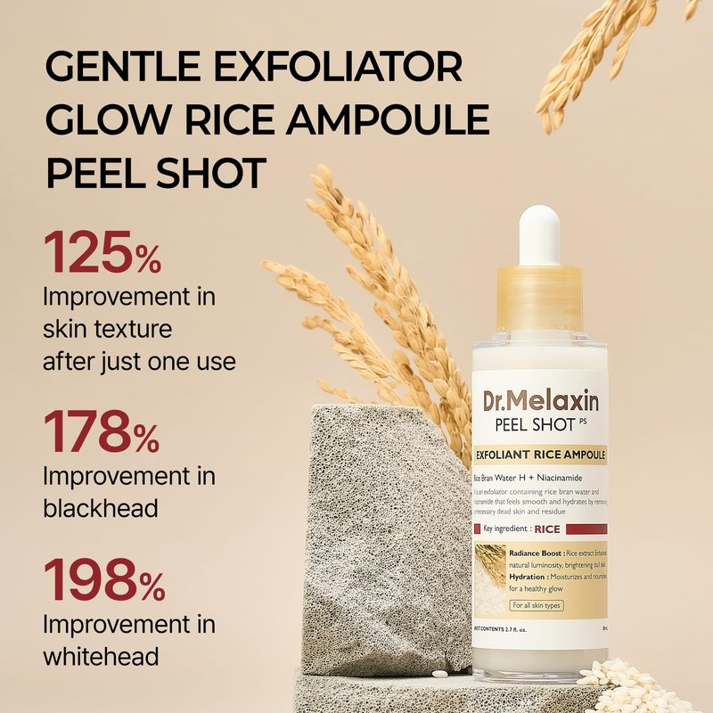 Dr.Melaxin Peel Shot Glow White Rice Peeling Ampoule with Rice Extract & AHA BHA, Brightening & Gentle Exfoliating Serum for Sebum Control, Niacinamide & Hyaluronic Acid, Korean Skincare, 2.71 fl.oz