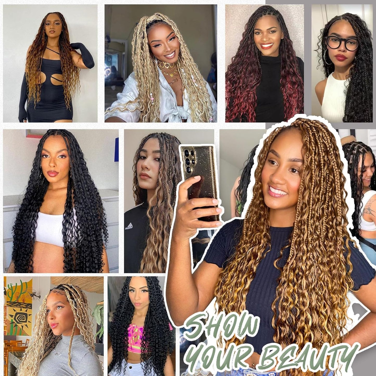 Goddess Box Braids - 7 Packs Grey Crochet Hair with Curly Ends | 14 Inch Bohemian Braiding Extensions 1B/Gray