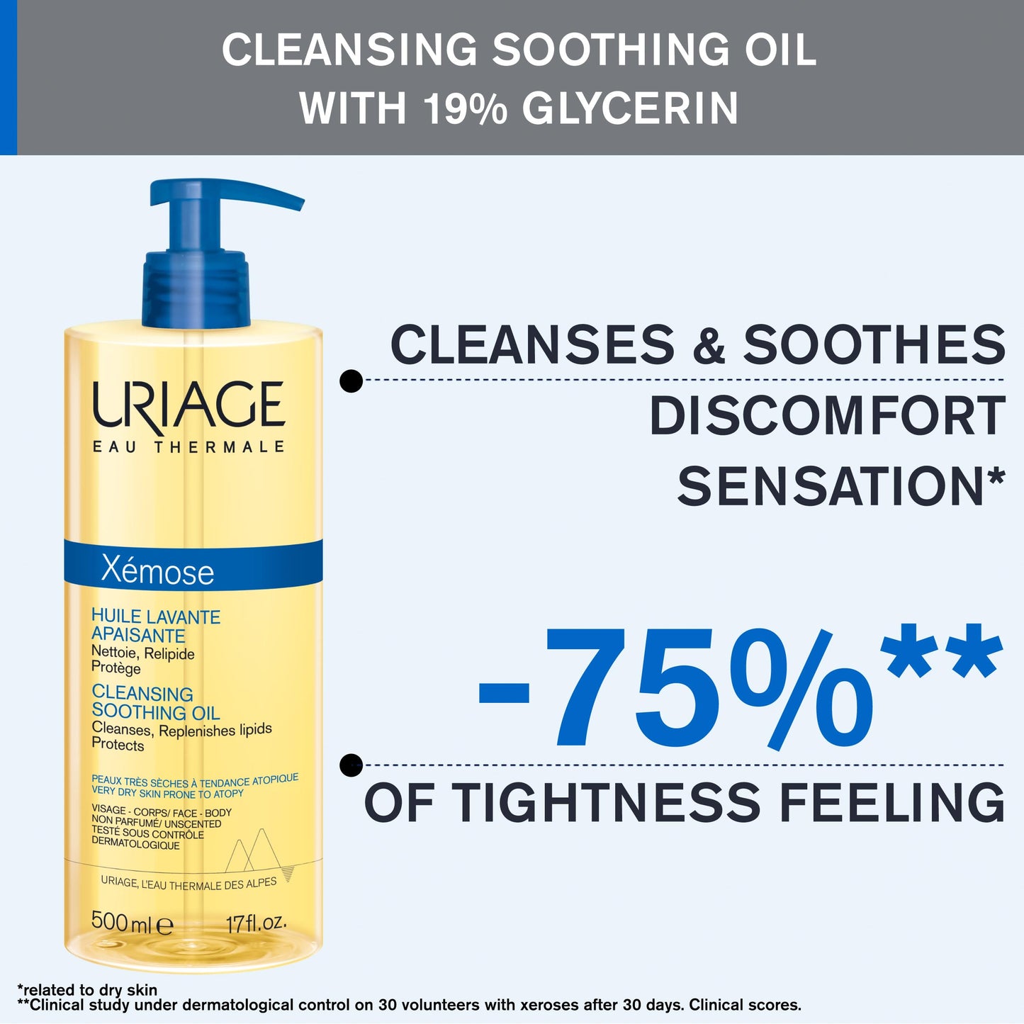 Uriage Xemose C8+ Anti-scratch Shower Oil 1L, Face & Body Wash, Very Dry & Sensitive Skin, Soothes from 1st application, 8 Biomimetic Ceramides & Shea Butter, Fragrance-Free