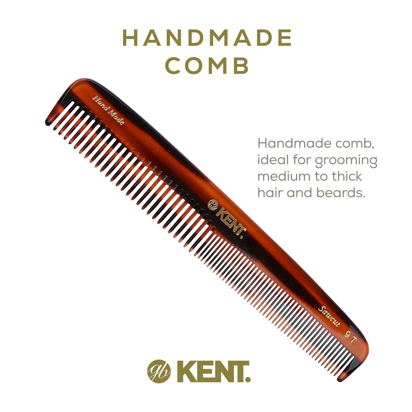 Kent 9T Tortoise Fine and Wide Tooth Comb Detangler - Large Handmade and Saw-Cut Dressing Combsw,for Wet and Dry, Hair Comb for Women and Durable Grooming Comb for Men Made in England