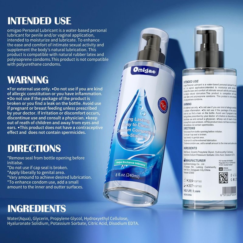 omigao Water-Based Lube, Personal Lubricant Helps Enhance Intimacy for Long-Lasting Pleasure Sex Lube for Women, Men and Couples, Anal Lube, Non-Staining, Safe for Toys, 8 FL Oz