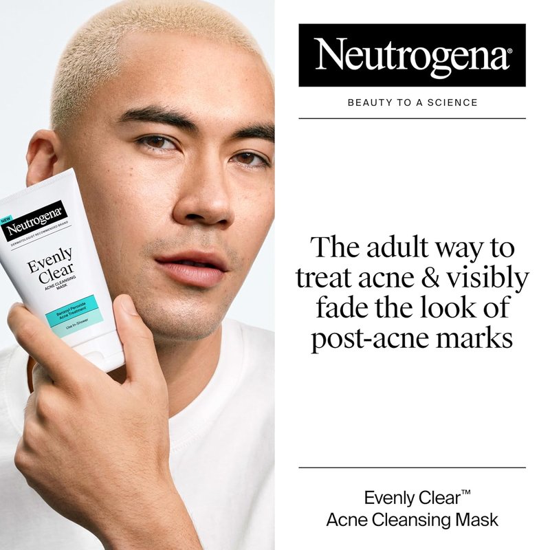 Neutrogena Evenly Clear Acne Cleansing Face Mask - 3.5% Benzoyl Peroxide & Bentonite Clay | 4.2 fl. oz for Clearer Skin