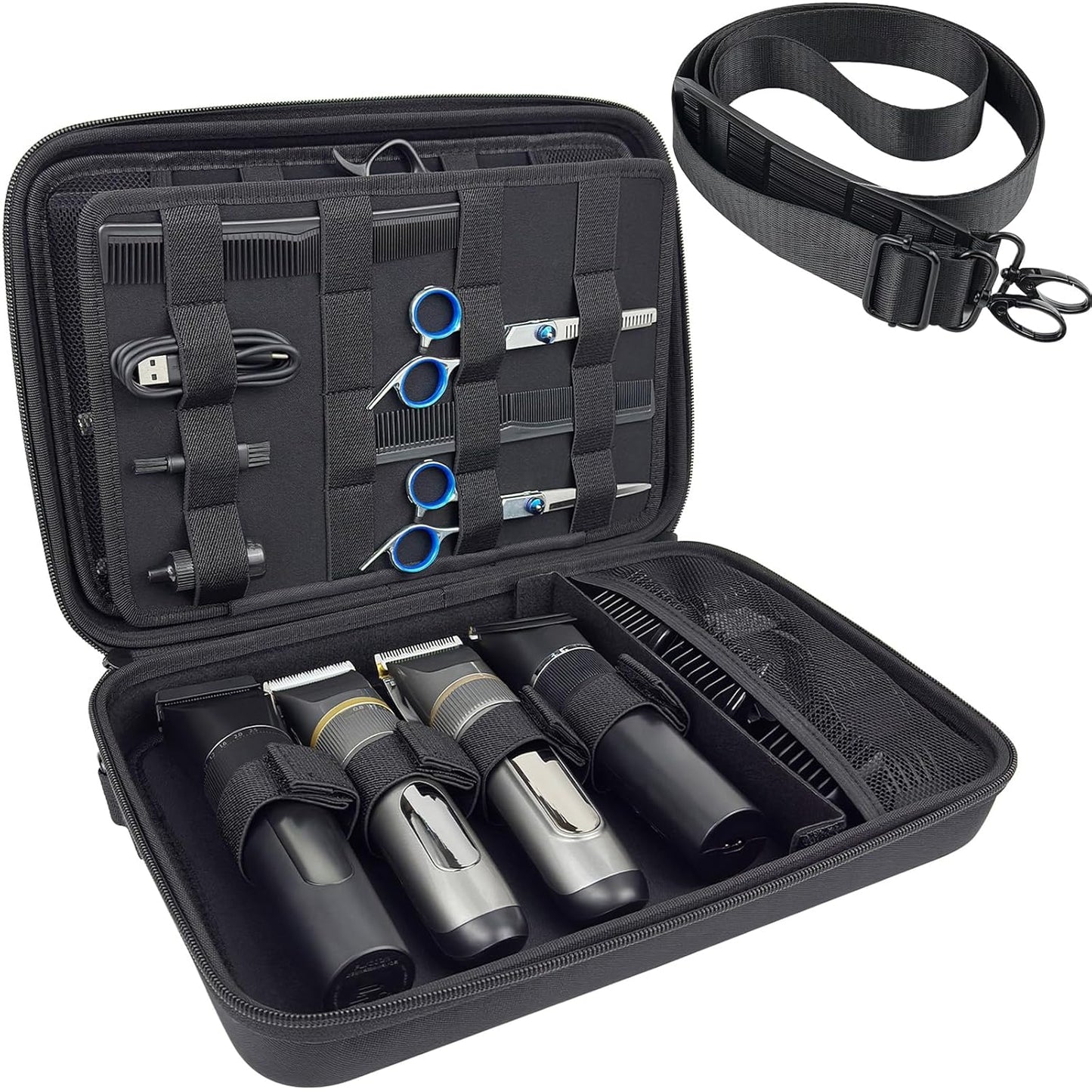 Hard Travel Barber Case - Large Clipper Storage Organizer with Adjustable Shoulder Strap | Black