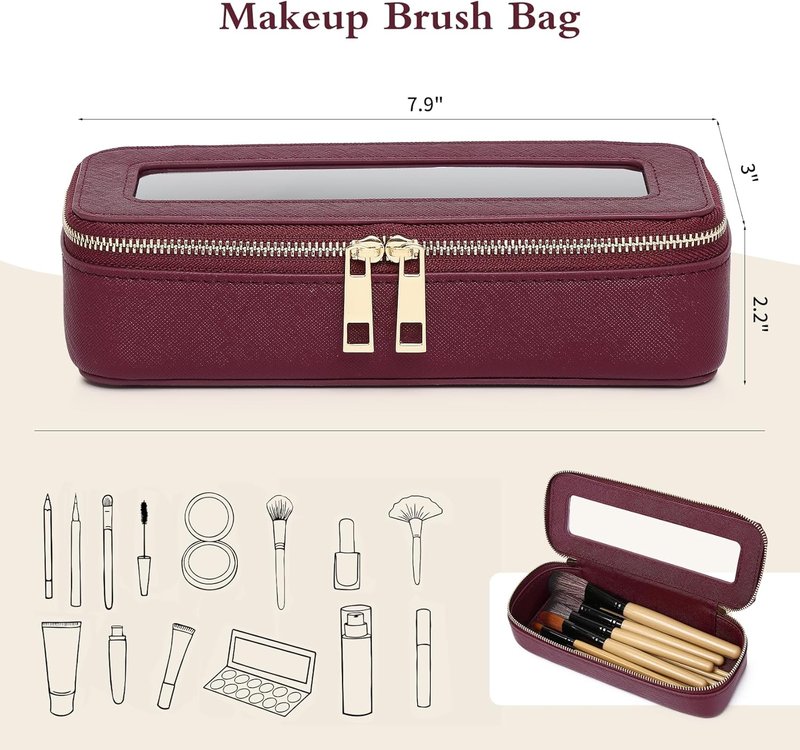 Clear Makeup Brush Bag - Slim Transparent Travel Cosmetic Case | Zippered Toiletry Organizer for Women (Burgundy)