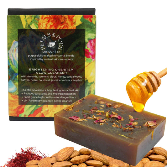 Petals and Pods Premium Handmade Facial Cleanser & Exfoliator Stick – ancient Ayurvedic formula for acne, blemishes, enlarged pores, uneven skin tone - Brightening 1-Step Glow (Face & Body Bar Soap)