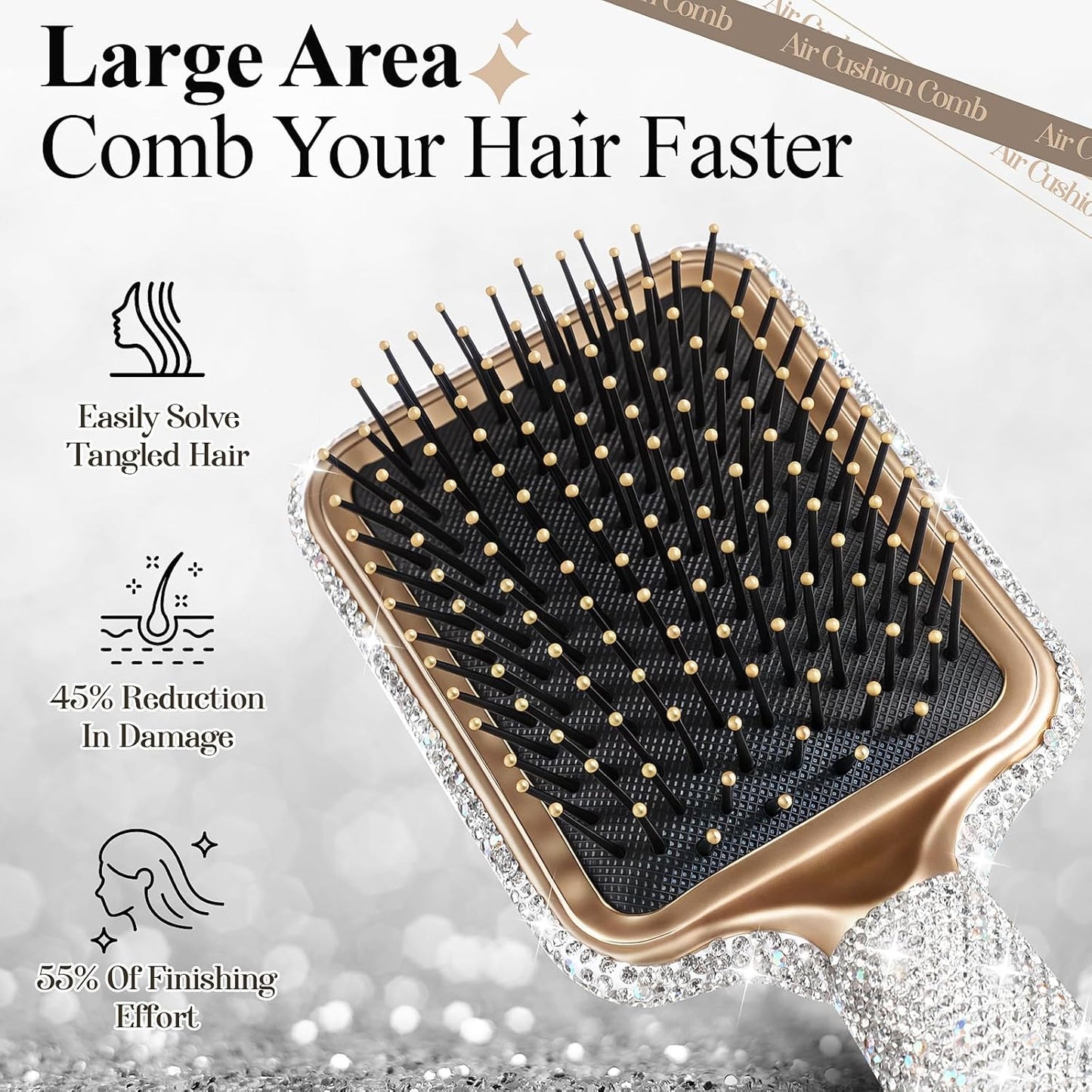 Rhinestone Hair Brush for Women - Bling Detangling Paddle Comb | Curly & Wet/Dry Hair Types