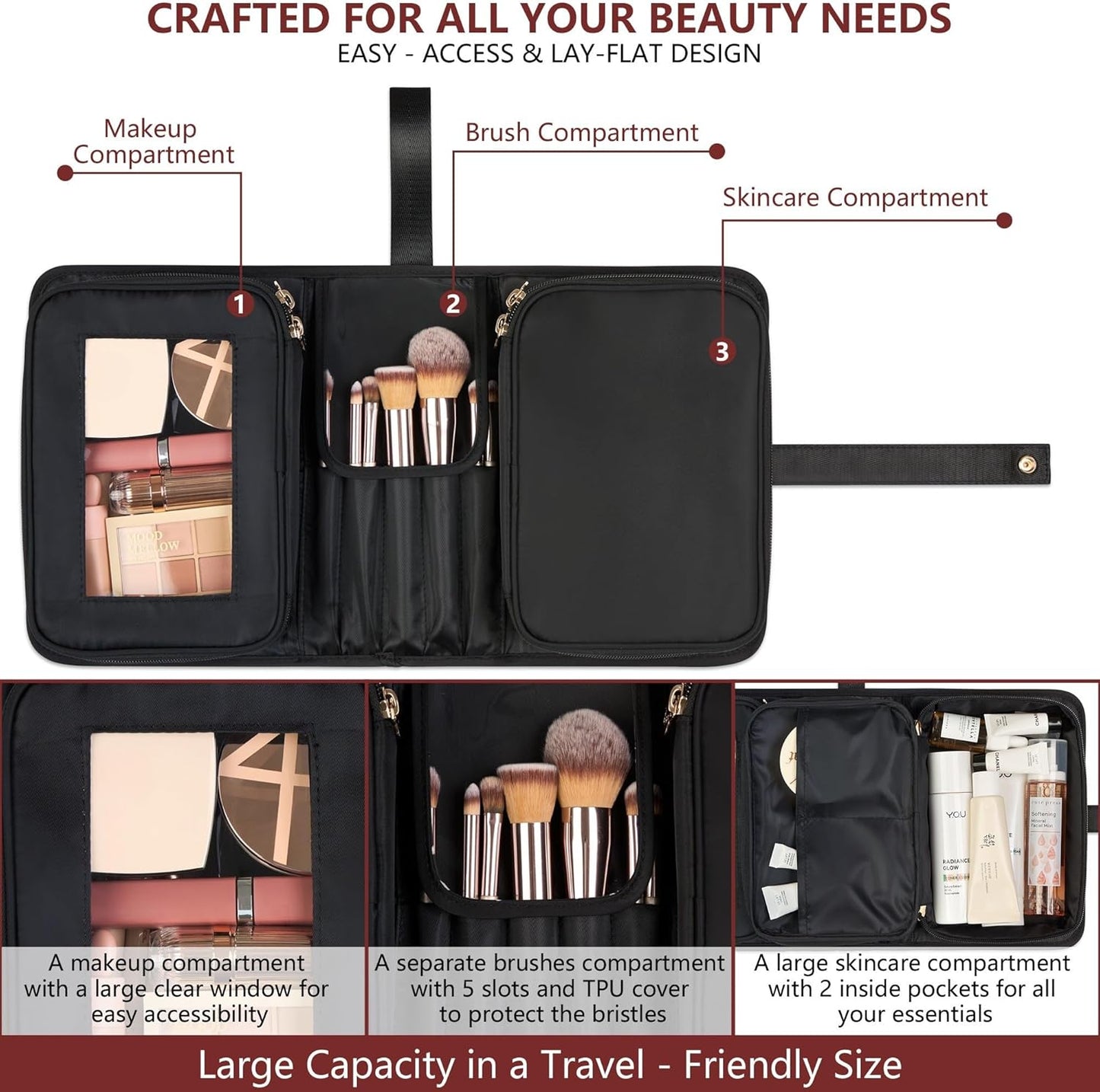 Travel Makeup Bag - Compact Portable Organizer for Cosmetics & Brushes | Large Capacity - Black