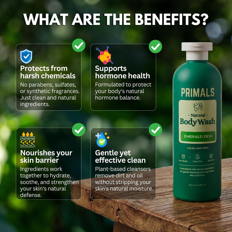 PRIMALS Natural Body Wash - Aloe Vera, Raw Honey, Green Tea - Natural Ingredients - Zero Artificial Fragrances, Sulfates, Parabens, or Dyes - 13.5 Fl Oz