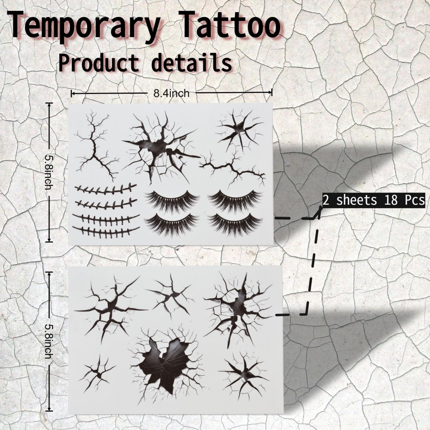 Halloween Creepy Cracks Face Tattoo Set, Temporary Makeup Stickers with Eyelashes, Black Broken Glass Pattern, Costume Accessories (Black)