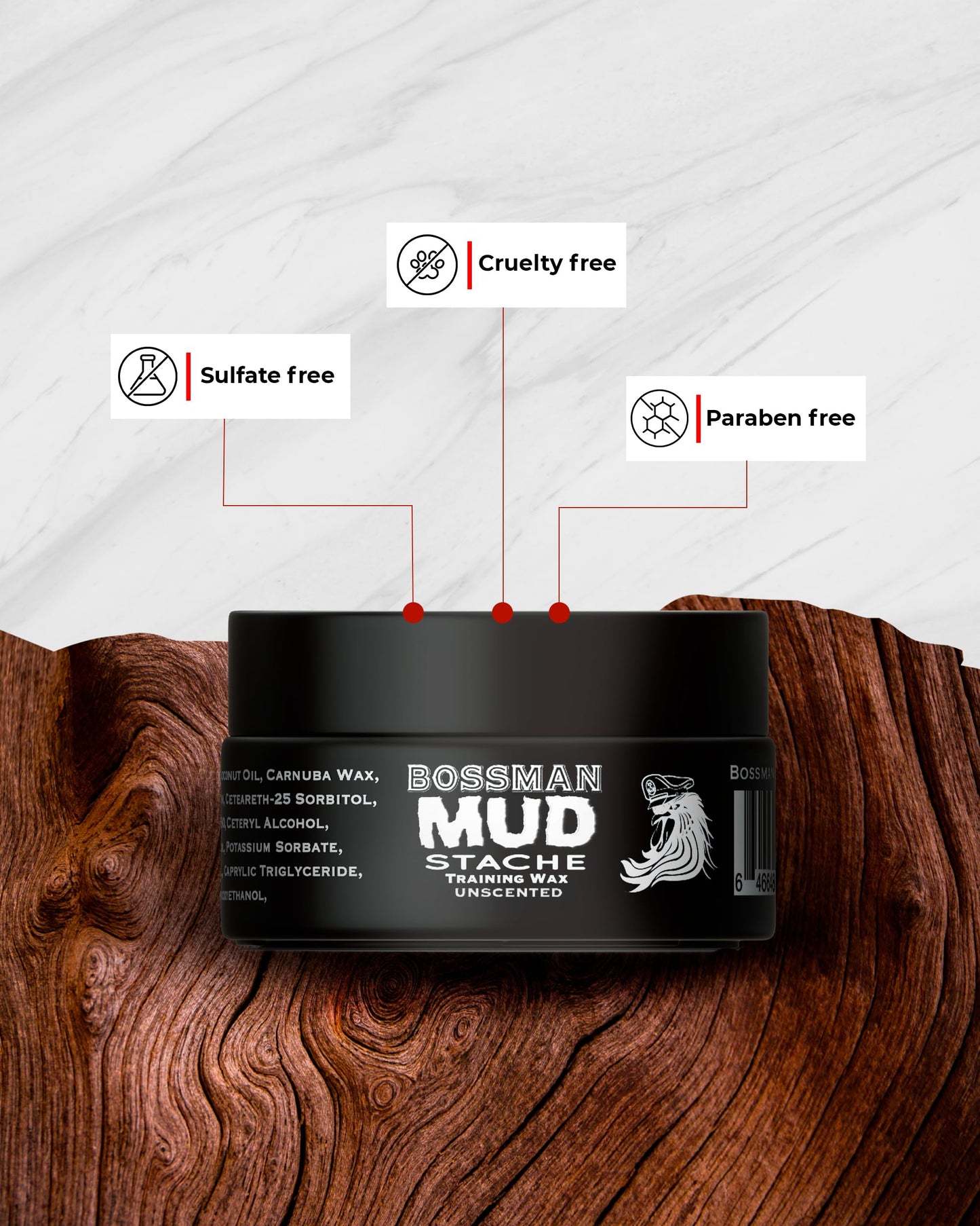 Bossman MUDstache Unscented Mustache Wax for Men (2 oz) - 2 Pack - Strong 24-Hour Hold, Non-Tacky & Easy to Apply for Taming & Styling