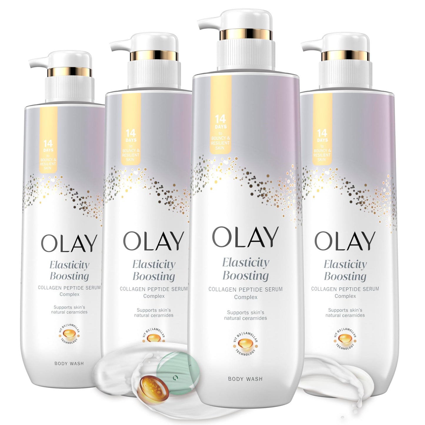 Olay Body Wash for Women, Elasticity Boosting, Collagen Peptide Serum Complex, Renews Moisture, Free of Parabens & Phthalates, Vitamin B3 Lameller Technology, For All Skin Types, 20 fl oz (Pack of 4)