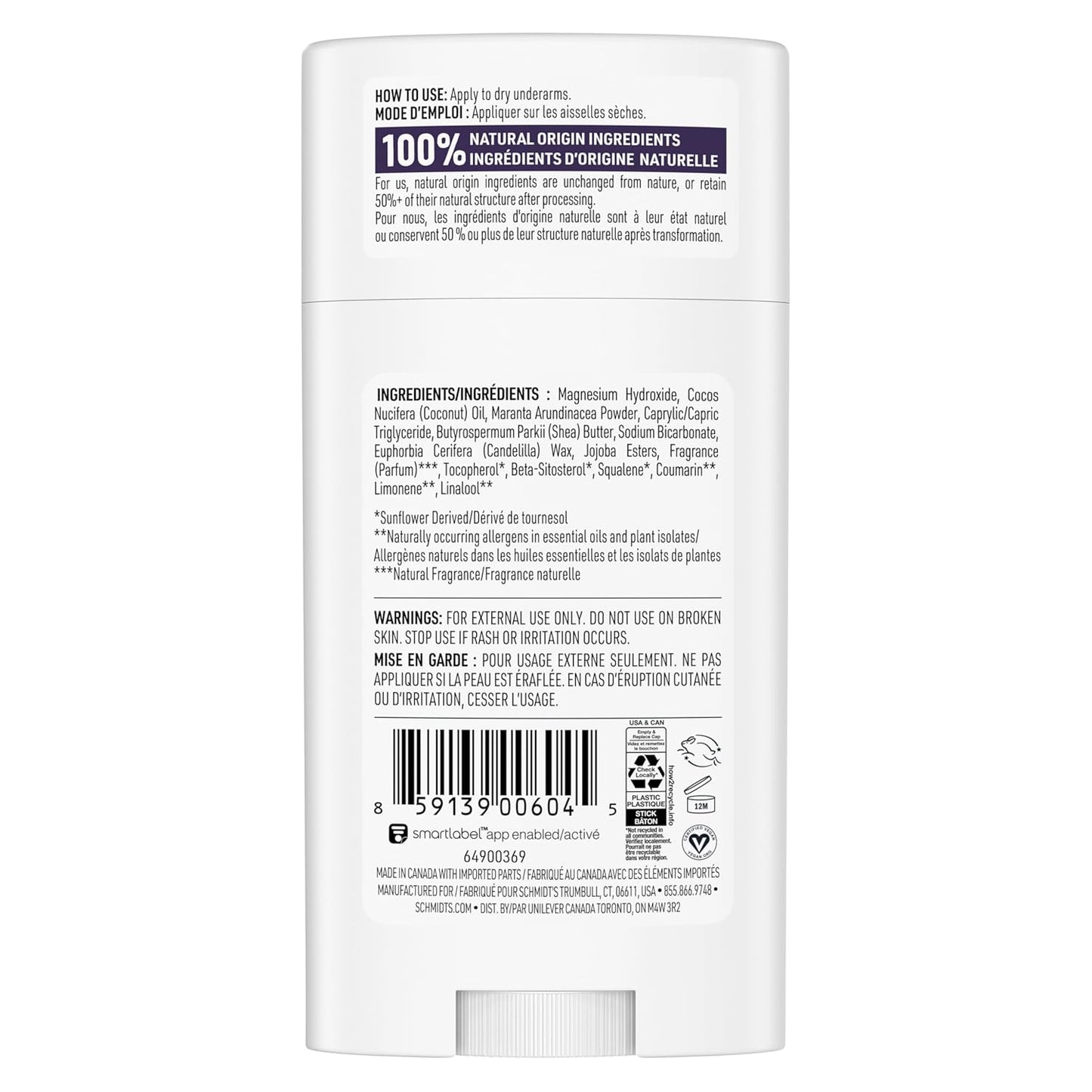 Schmidt's Aluminum-Free Vegan Deodorant - Lavender & Sage | 24-Hour Odor Protection, Natural Ingredients, 2.65 oz