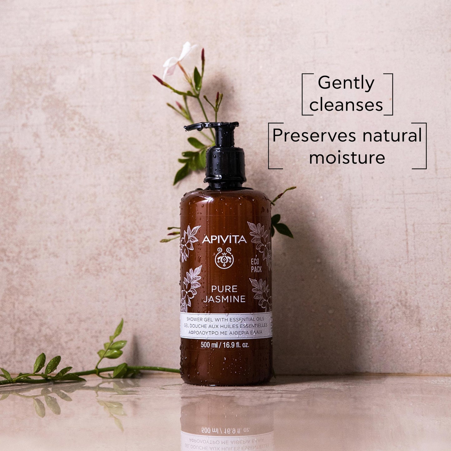 Apivita Pure Jasmine Shower Gel, Gently Cleanses, Hydrates & Preserves Skin's Moisture with Jasmine & Propolis