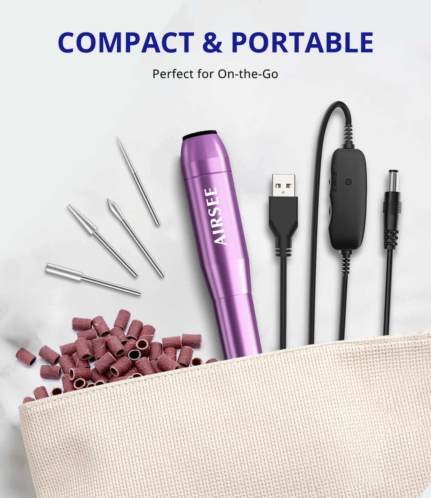 AIRSEE Portable Electric Nail Drill Professional Efile Nail Drill Kit for Acrylic, Gel Nails, Manicure Pedicure Polishing Shape Tools with 11Pcs Nail Drill Bits and 56 Sanding Bands N24 (Purple)
