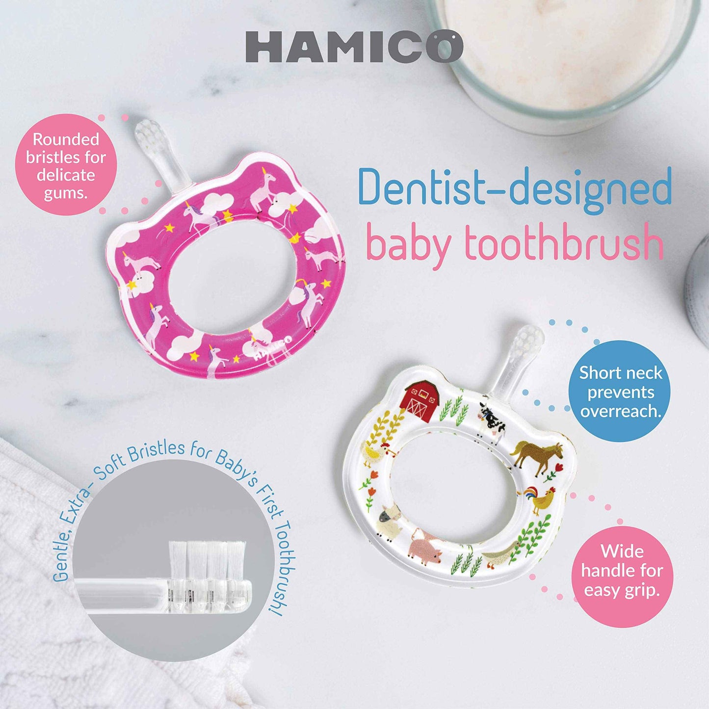 HAMICO Baby Toothbrush Gentle, Extra- Soft Bristles for Baby’s First Toothbrush | Easy Grasp-No Overreach Infant Toothbrush | BPA Free | 2-Pack: Unicorns & Farm Animals