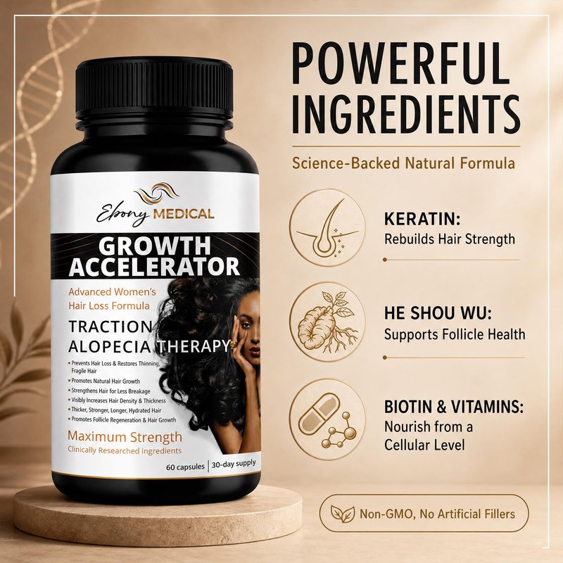 Ebony Medical Hair Support Supplement for Women of Color – Thinning Hair & Traction Alopecia Support – Keratin Boost, Follicle Nourishment, and Hair Strength Vitamins – 30-Day Supply