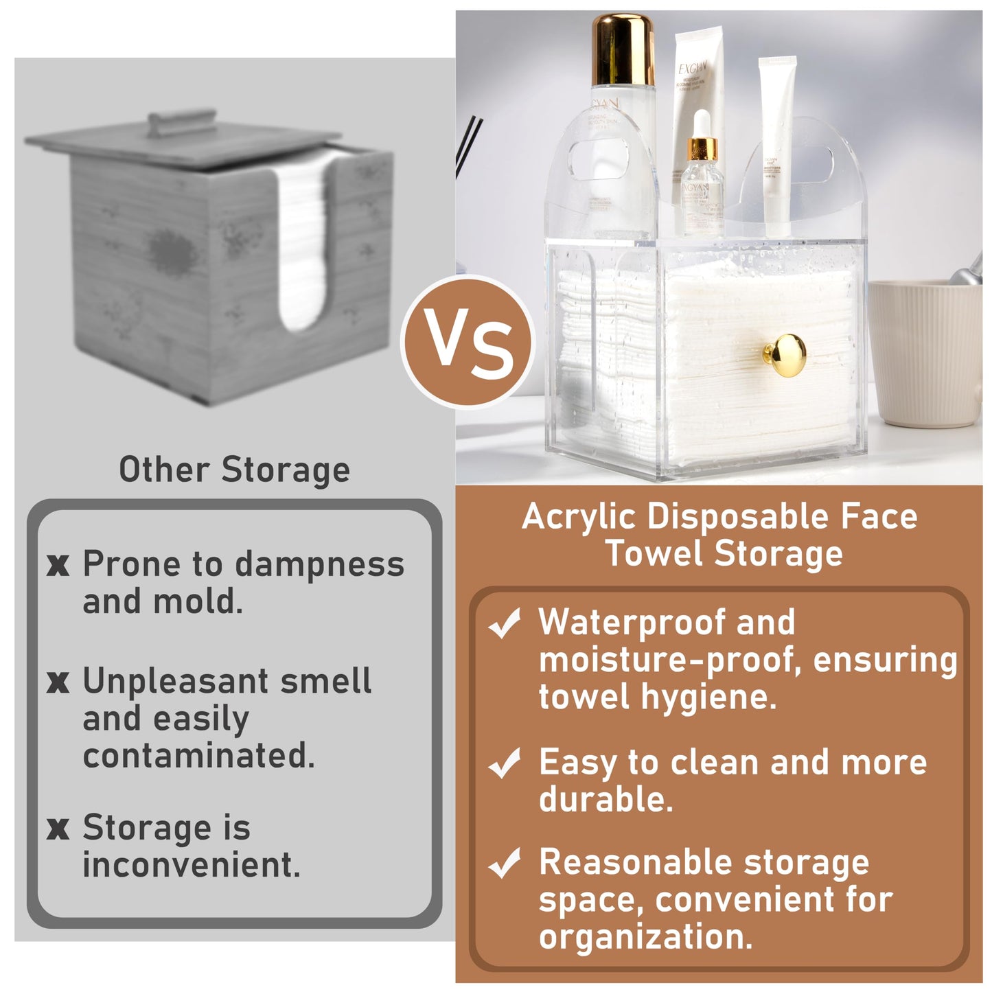 Acrylic Disposable Face Towel Storage Box Compatible with Clean Skin Club Clean Towels XL, Face Towel Holder with Drawer for Bathroom, Makeup Organizer for Vanity Table (Excluding Facial Towels)
