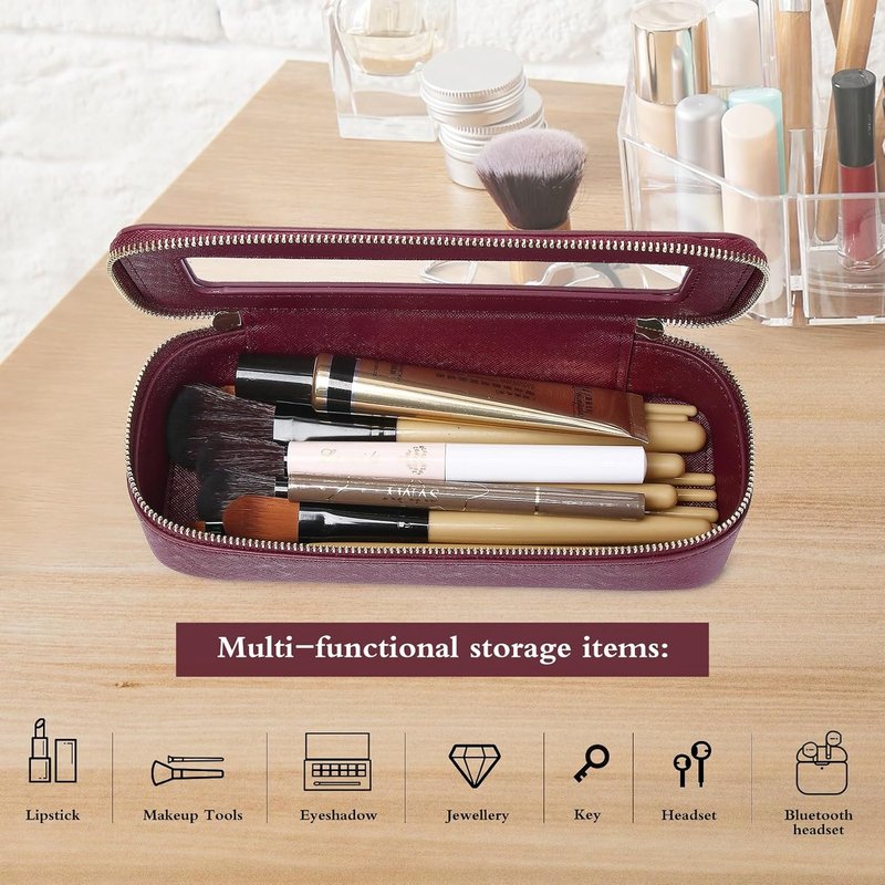 Clear Makeup Brush Bag - Slim Transparent Travel Cosmetic Case | Zippered Toiletry Organizer for Women (Burgundy)