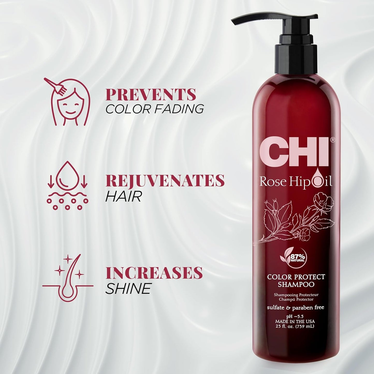 CHI Rosehip Oil Protecting Shampoo - Gently Cleanses Color-Treated Hair | 25 Oz, Sulfate-Free, Paraben-Free