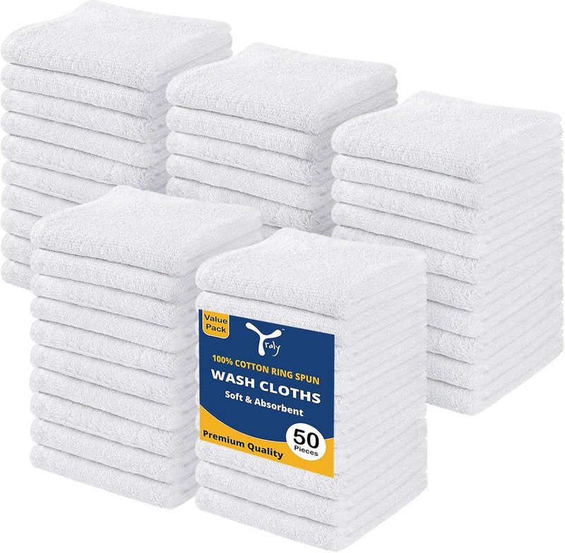 Cotton Washcloths Set - Soft & Absorbent 100% Cotton Face Cloths | 50 Pack, White
