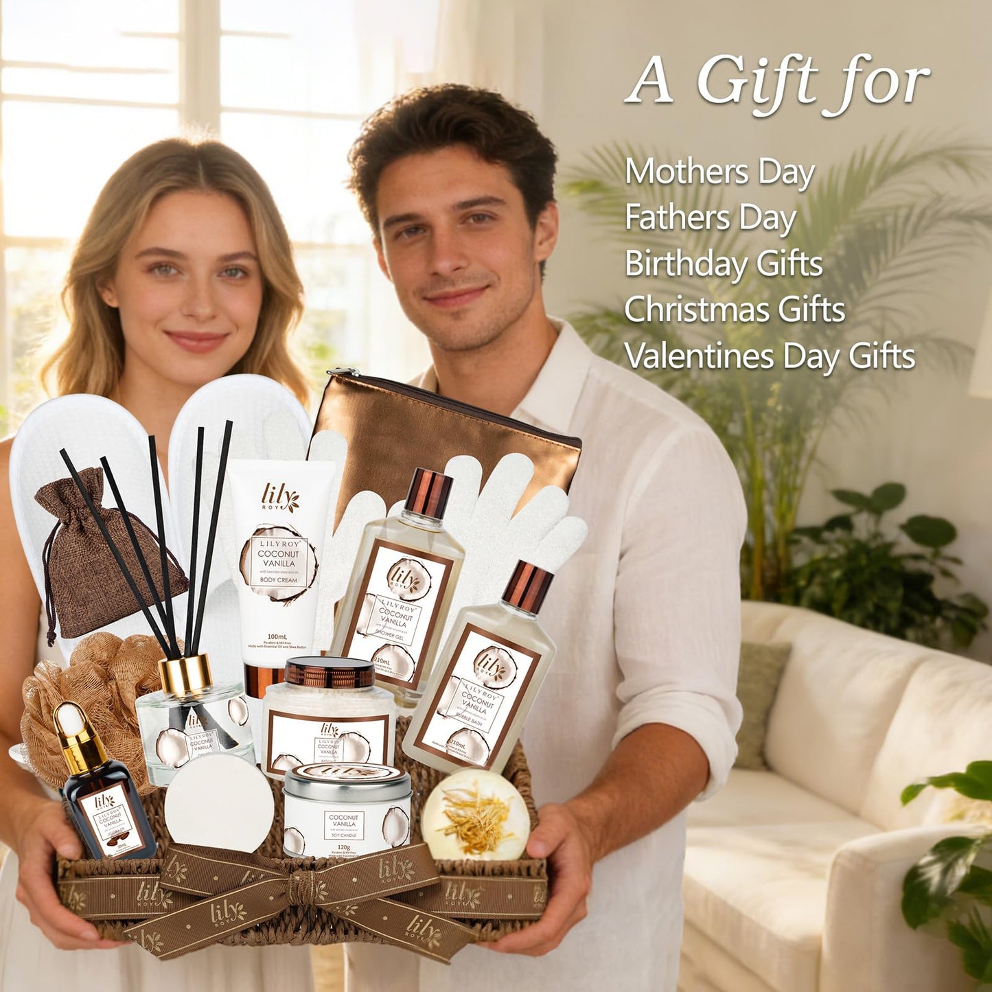 Coconut Vanilla Spa Gift Set, Complete Spa Bath Gift Basket for Women & Men