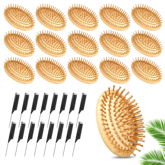 UCEHIPAW 16 Pcs Bamboo Hair Brushes Bulk with 16 Rat Tail Comb Wooden Scalp Hairbrush Massager Anti Static Bamboo Bristles for Women and Men All Hair Types