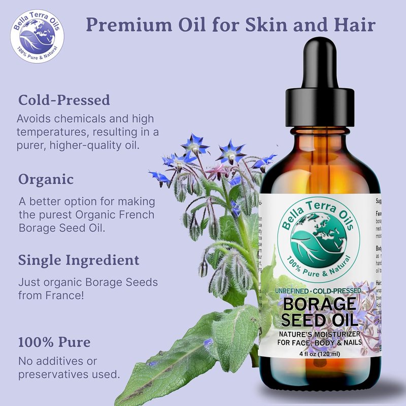 Organic Borage Seed Oil - 4 oz Pure Oil Rich in GLA & Omega-6 | Elevate Skin Radiance & Softness