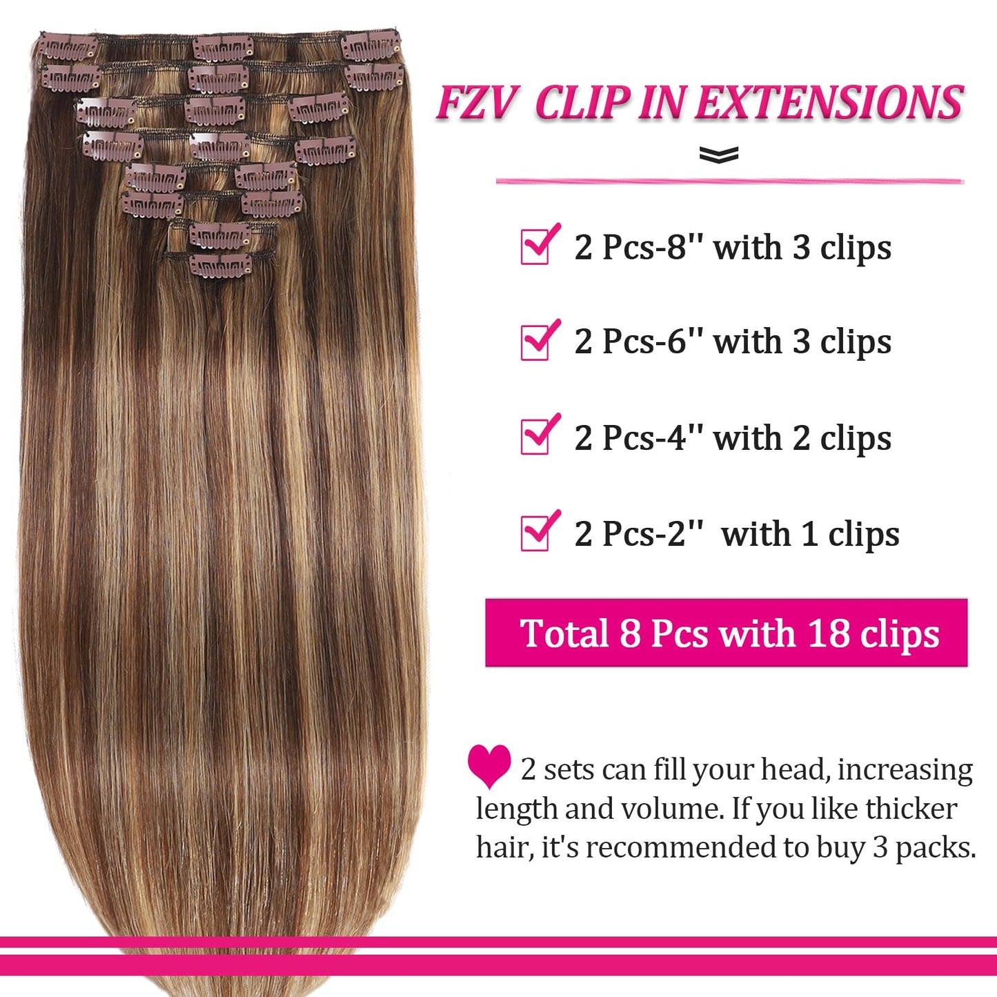 Clip in Hair Extensions Kinky Human Hair 110g Remy Human Hair Clip on Extensions 8pcs 18 Inch Soft Hair for Fashion Women 18Clips/Set Chocolate Brown to Honey Blonde Hair Extensions (#P427)