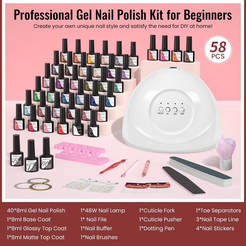 VANREESA 58 Pcs Gel Nail Polish Kit with U V Light 40 Colors Gel Nail Polish Set Glossy & Matte Top Coat Complete Gel Nail Kit with Manicure Tools Gel Polish Kit Gifts for Women
