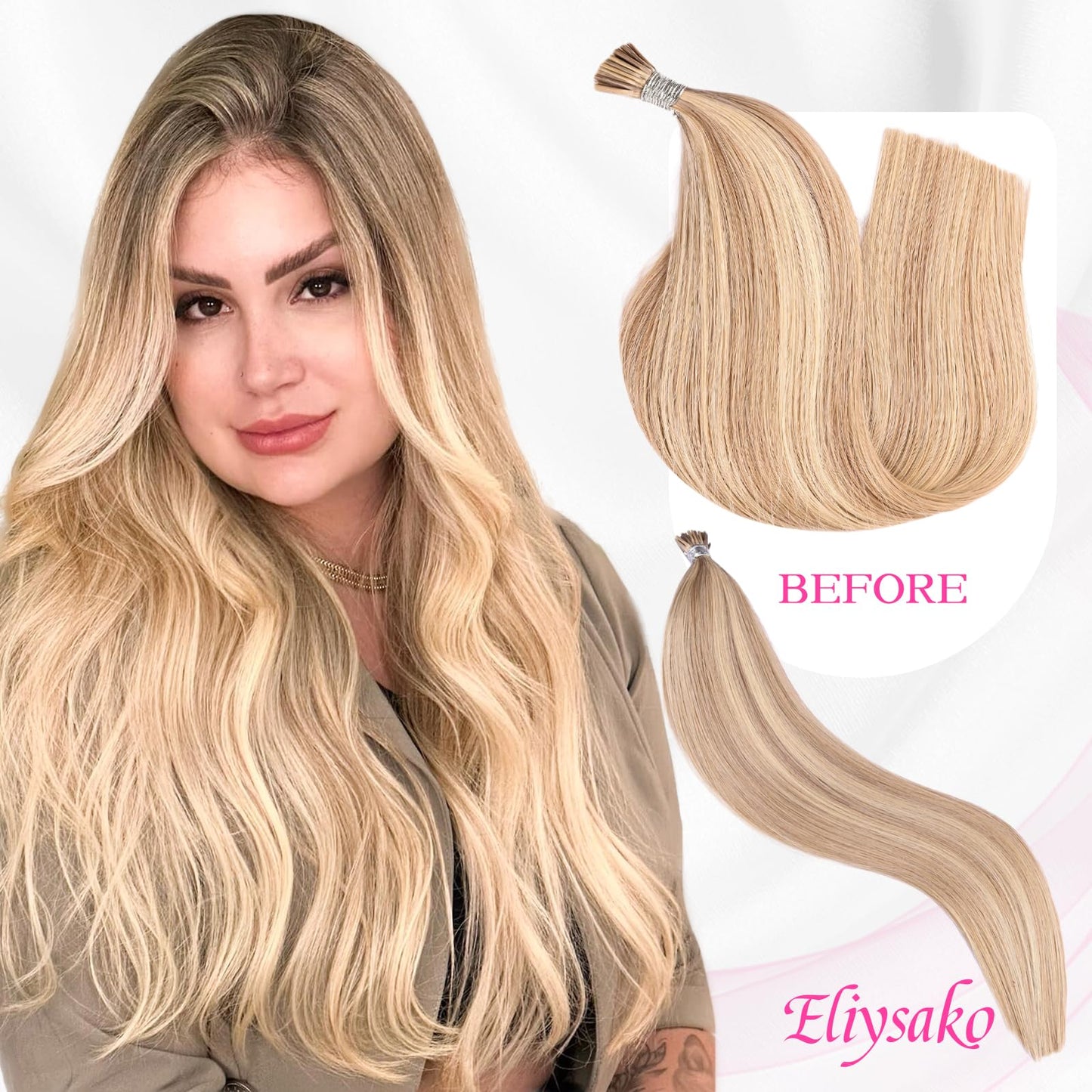 Eliysako I Tip Hair Extensions Human Hair 50g/pack Blonde Itip hair Dark Blonde Mix Bleach Blonde 20inch Itip Human Hair Extensions Real Soft Nature Cold Fusion