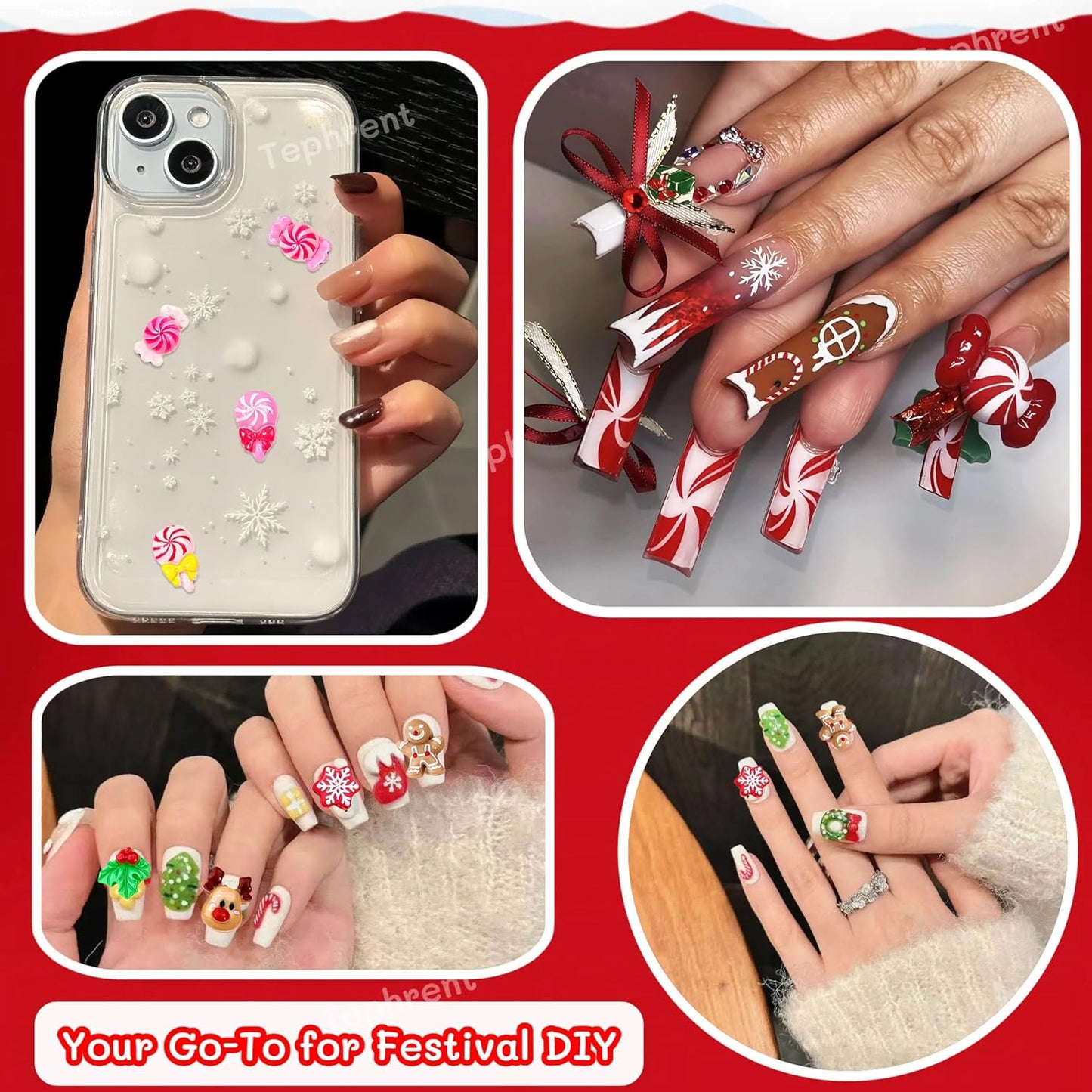 Christmas Nail Art Charms - 3D Gingerbread Man & Snowflake Resin Gems | Cute Winter Nail Supplies for Women