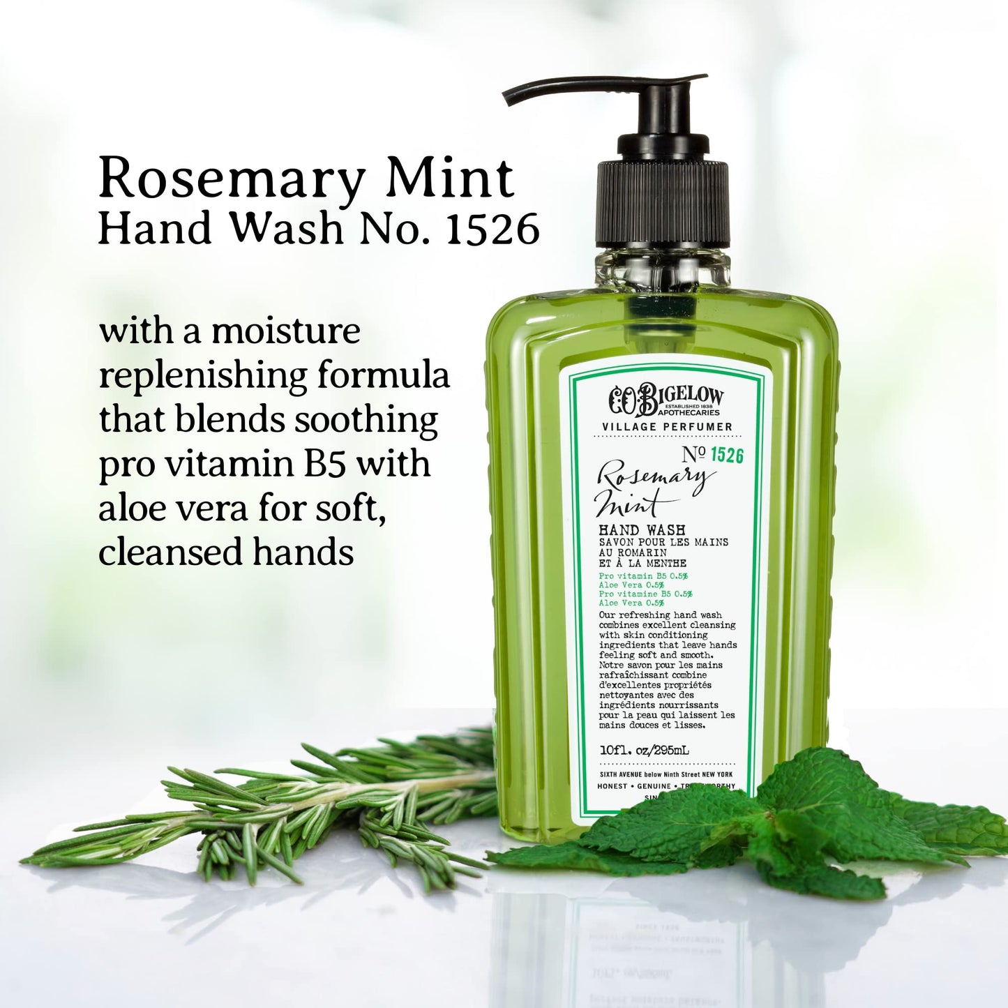 C.O. Bigelow Rosemary Mint Hand Wash, Village Perfumer Liquid Hand Soap with Aloe Vera & B5, 10 Fl Oz