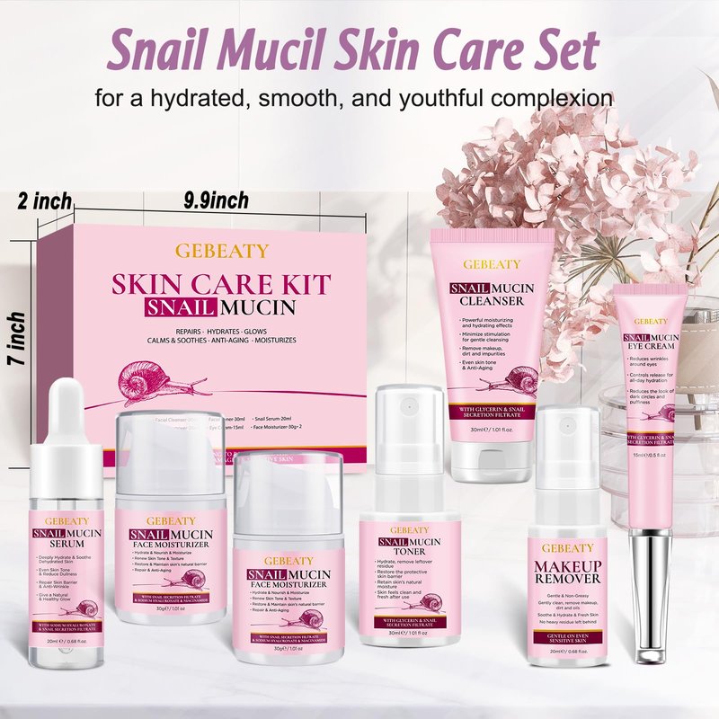 Christmas Gifts for Women,7 Pcs Skin Care Set,Hydrating Moisturing Repairing Soothing Snail Mucin Facial Skin Care Routine Kit for Dull Skin & Dry Skin,Skincare Gift Set Women