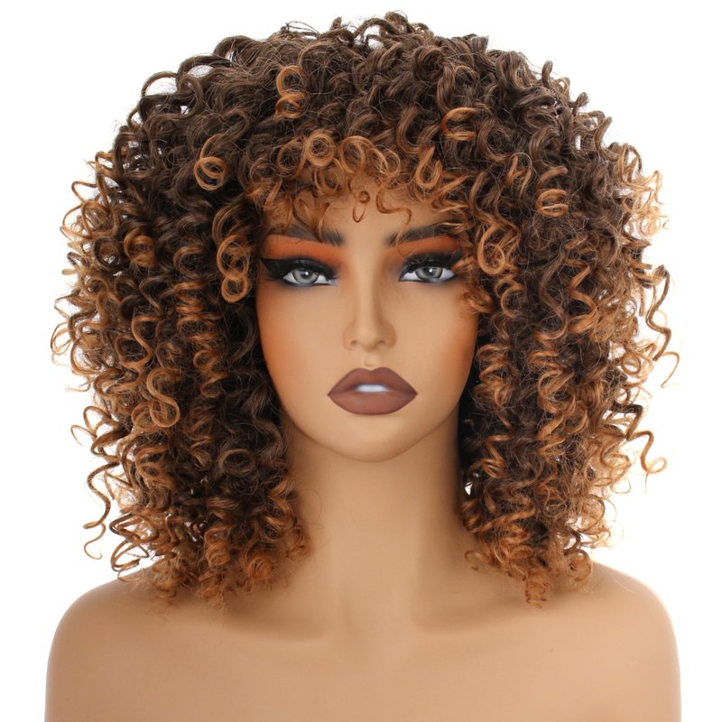 PORSMEER 14inch Black/Brown Curly Wigs for Women,Short Kinky Afro Curly Wigs with Bangs Natural Soft Bouncy Fluffy Heat Resistant Synthetic Hair Wig 70s for Daily or Party