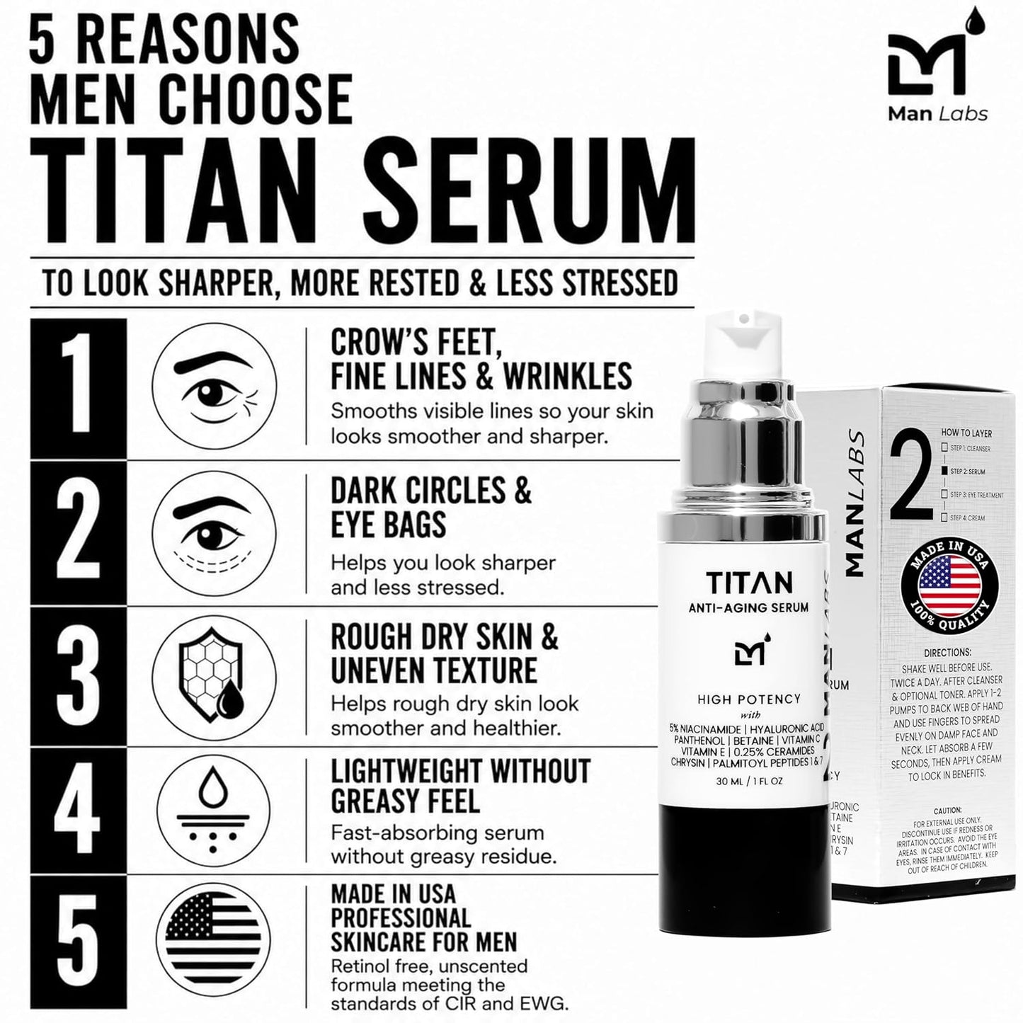 Anti-Aging Face Serum for Men - High Potency Skin Tightening Lotion with 5% Niacinamide & Vitamin C | Unscented