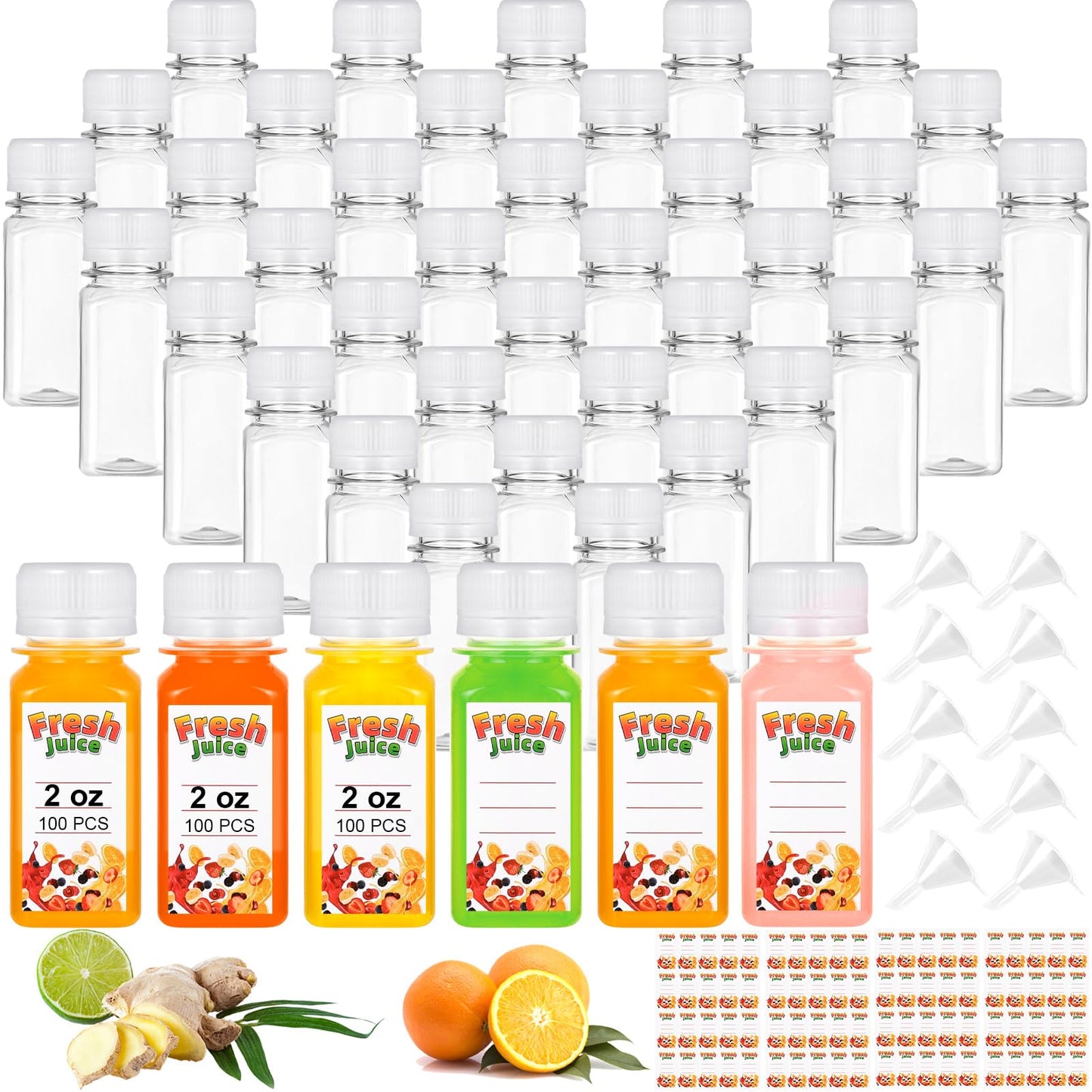 IWOLOMI 100 Pack 2 oz Small Plastic Shot Bottles with Caps Ginger Shots Bottles for Liquids, Reusable Clear Juice Containers with Scale, Funnels, Stickers for Ginger, Liquids, Beverages