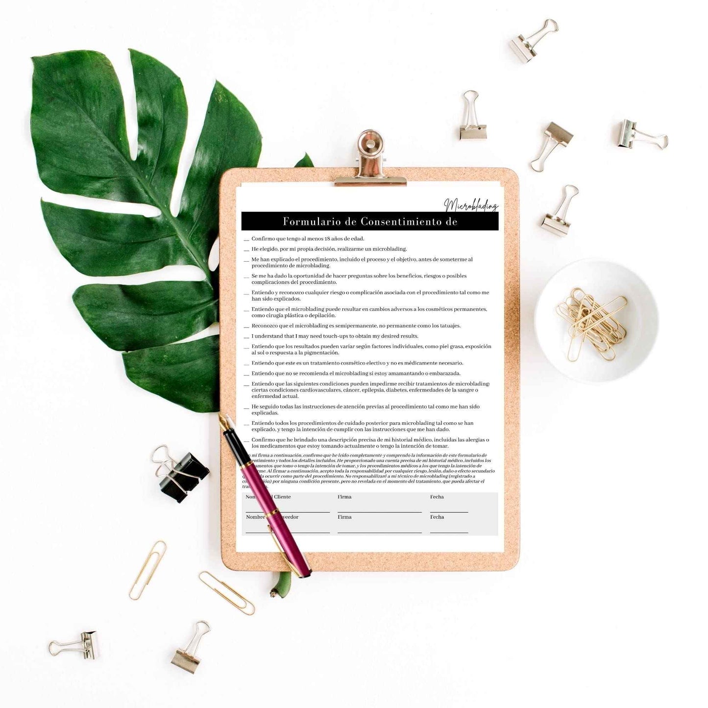 Spanish Microblading Intake, Consent, and Aftercare Form | 75 Pack | 8.5 x 11" A1 Forms | Clients Signature | Consent Forms for Microblading | Clients Signature | Minimalist Design