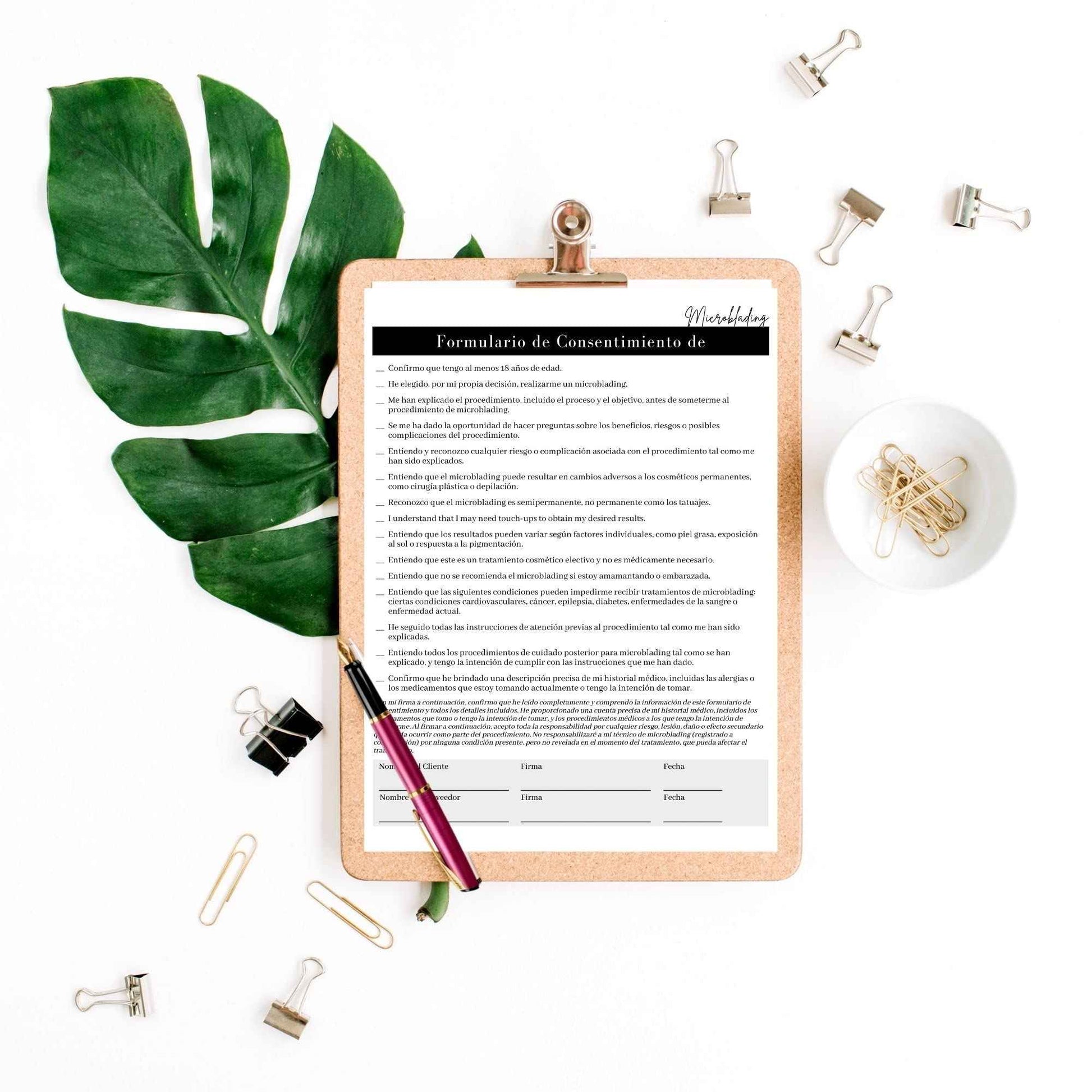 Spanish Microblading Intake, Consent, and Aftercare Form | 75 Pack | 8.5 x 11" A1 Forms | Clients Signature | Consent Forms for Microblading | Clients Signature | Minimalist Design