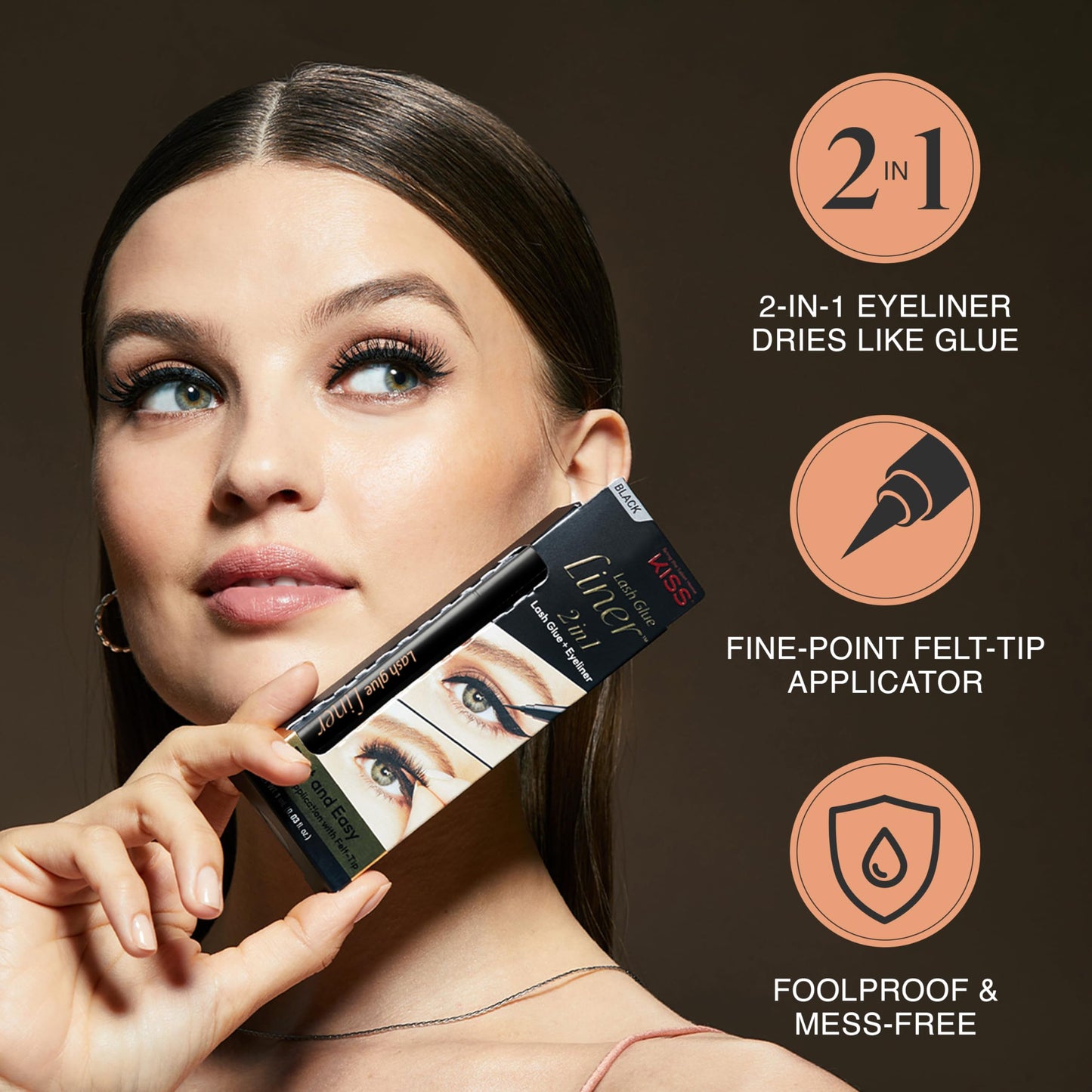 KISS Lash GLUEliner, Matte Finish, Foolproof Easy Touch-Up False Eyelash Glue and Eyeliner, Two in One Liner and Lash Glue, Black, 0.7 mL, 0.02 fl. oz. (Pack of 2)