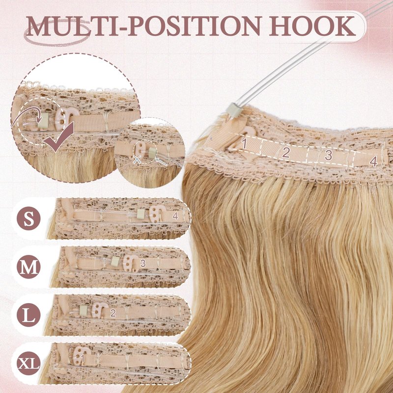 SEGO Pro Halo Hair Extensions Real Human Hair Wavy Invisible Wire Hairpiece Adjustable One Piece With 2 Secure Clips For Women to Add Length,12inch Gold Blonde Mixed Bleach Blonde,55g