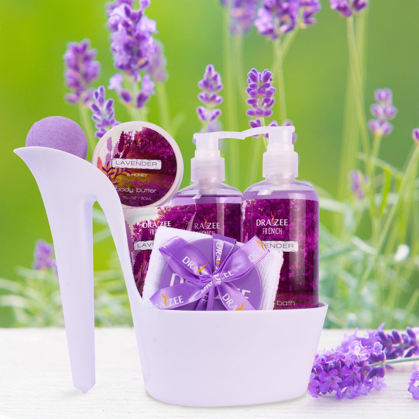 Mothers Day Gift for Mom - 8 Pc Spa Gift Baskets for Women, Lavender Scented Heel Shoe Spa Basket, Relaxing Bath Set, Elegant Women Spa Gift by Draizee