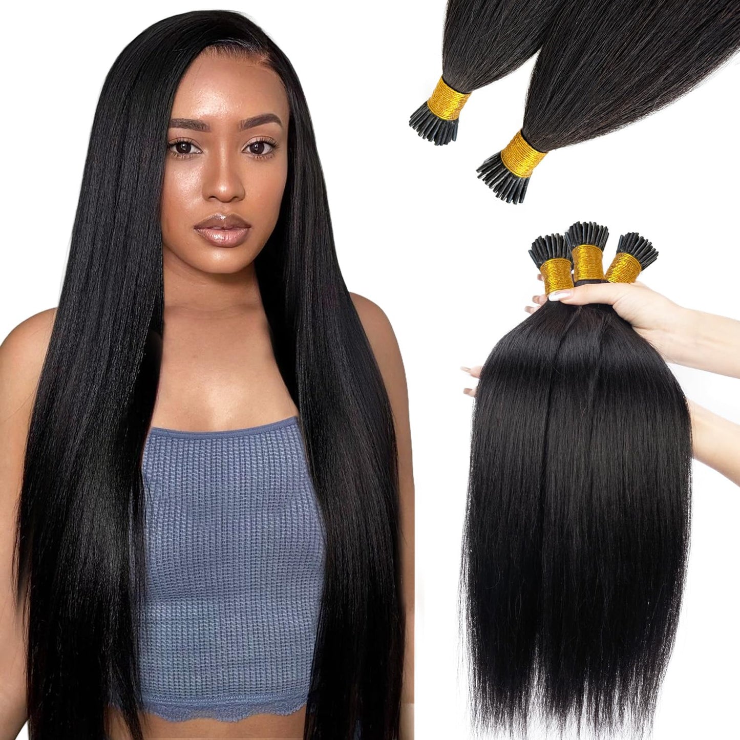 I Tip Hair Extensions Yaki Straight Itip Human Hair Extension, 22 Inch 50G, #1B Natural Black Light Yaki Straight Invisible Keratin Tip Hair Extensions Real Human Hair Easy to Curl 50 Strands