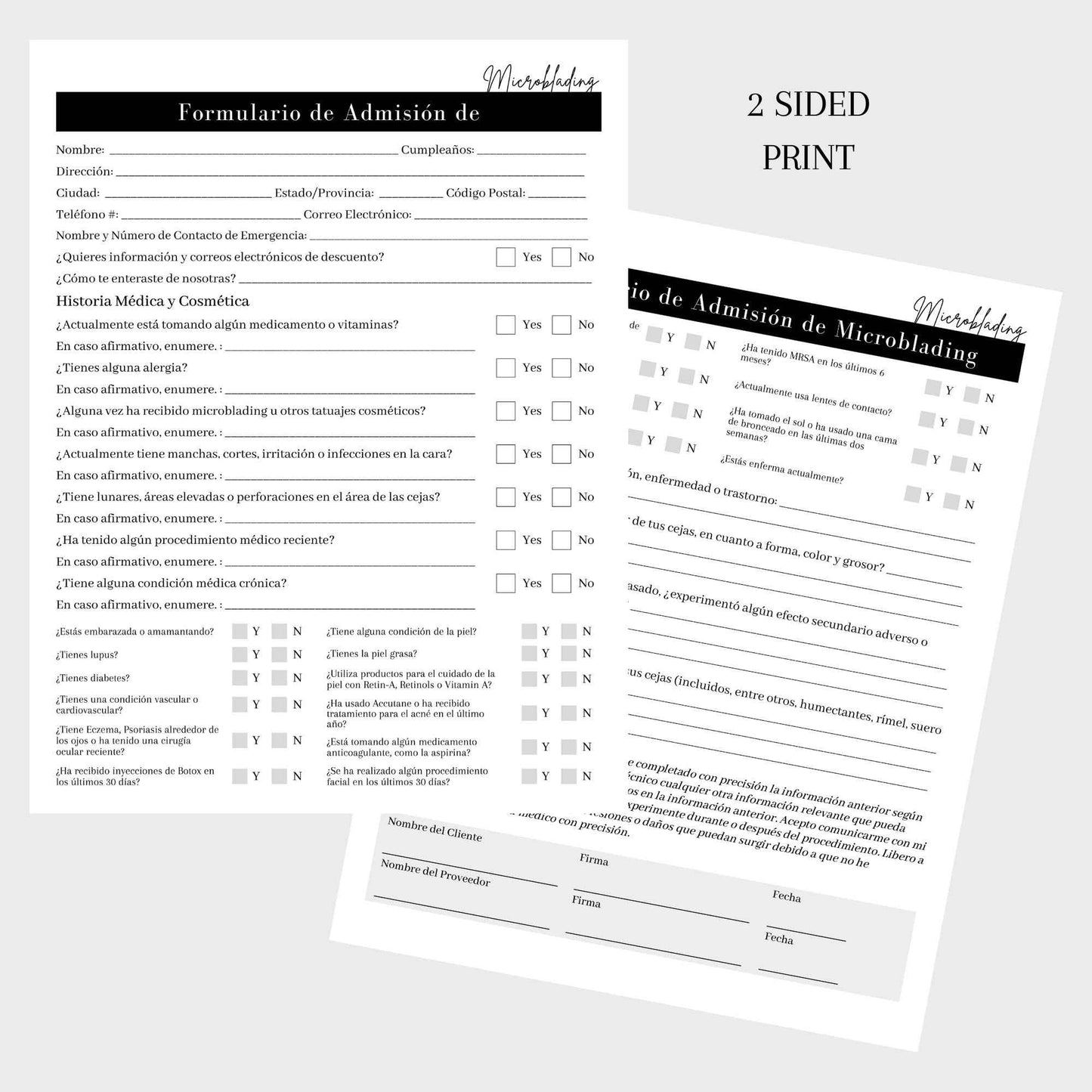 Spanish Microblading Intake, Consent, and Aftercare Form | 75 Pack | 8.5 x 11" A1 Forms | Clients Signature | Consent Forms for Microblading | Clients Signature | Minimalist Design