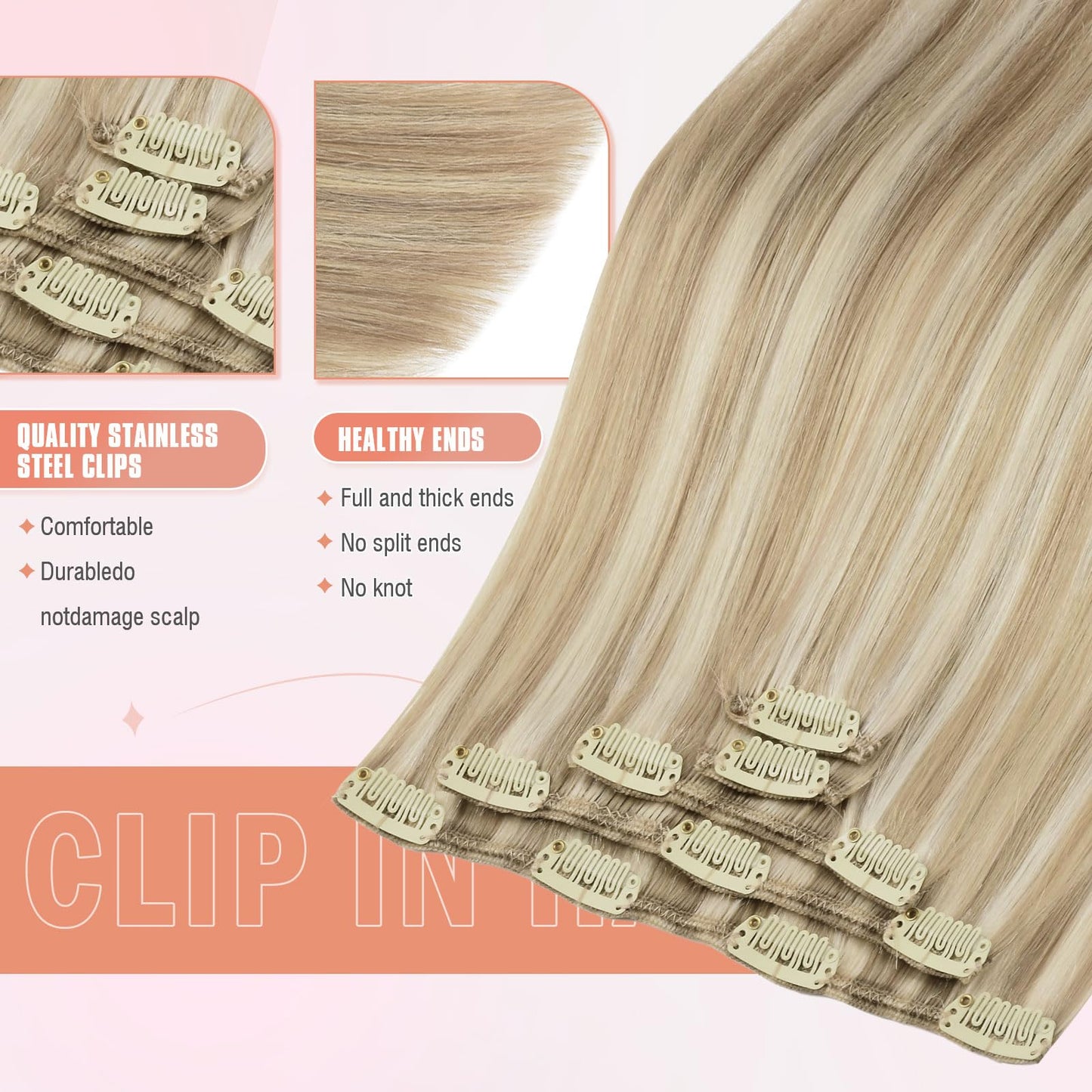MEI YUAN LIN Clip In Hair Extensions 14 Inch 5pcs 80g Light Blonde Highlighted Golden Blonde Real Human Hair Extensions Double Weft Easy To Apply