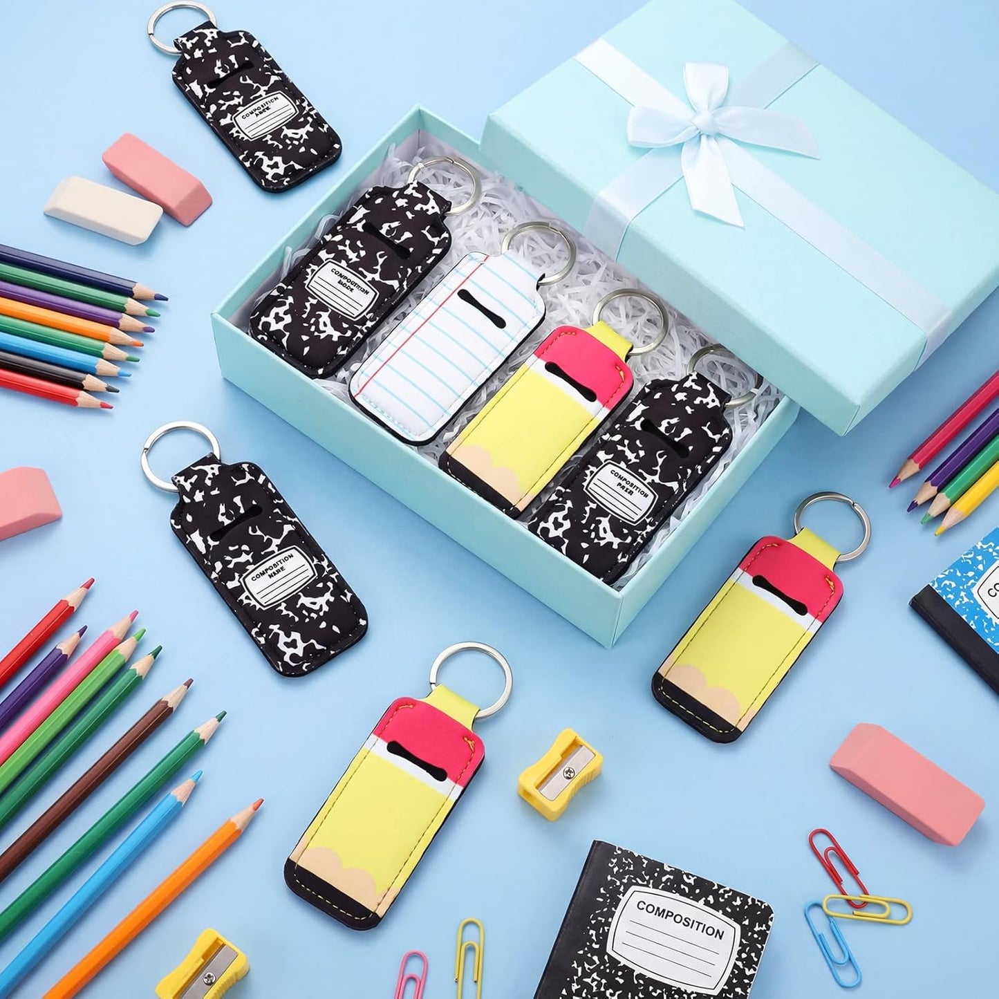 40 Pcs Crayon Pencil Composition Notebook Gift Set - Portable Lip Gloss & Keychain Holder Pouch