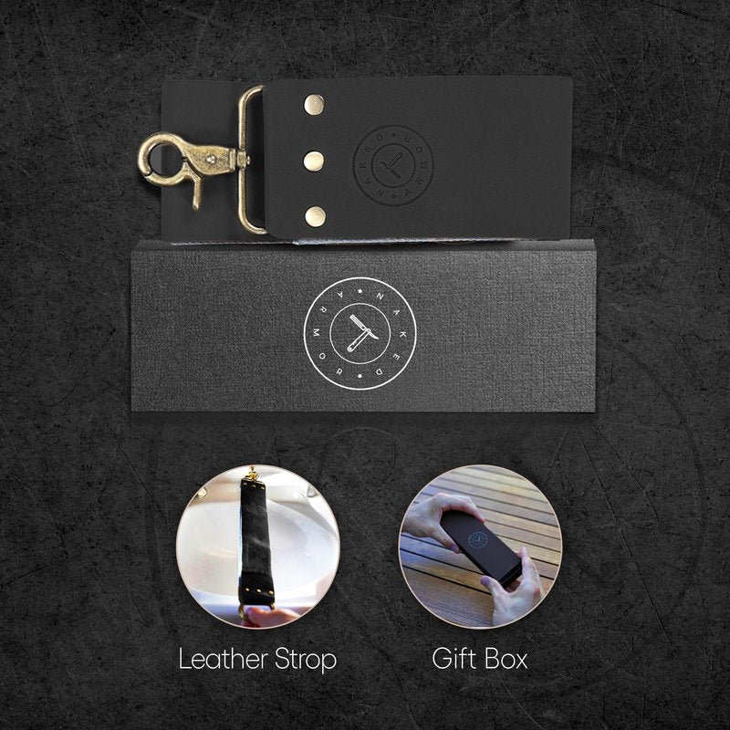 Naked Armor Straight Razor Leather Strop - 2.5" x 15" Cow Leather Razor Blade Sharpener with Brass Hooks, Black