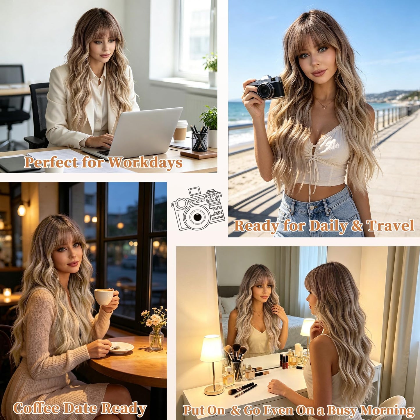 Lativ Blonde Wig With Bangs Long Wavy Curly Ombre Wig with Dark Root Synthetic Heat Resistant Wigs for Women Daily Party Use 26 Inches